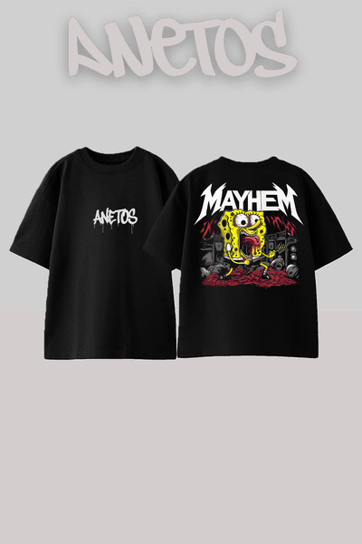 Anetos Sponge Bob Mayhem Design Rucsac cu imprimeu Bumbac Negru supradimensionat tricou