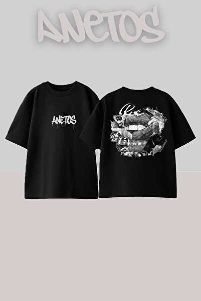 Anetos Μπλουζάκι Risk Lip Design Back με τύπωμα Cotton Black oversized