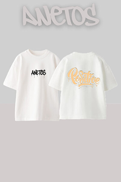 Anetos Μπλουζάκι Positive Design Back με τύπωμα Cotton White oversized