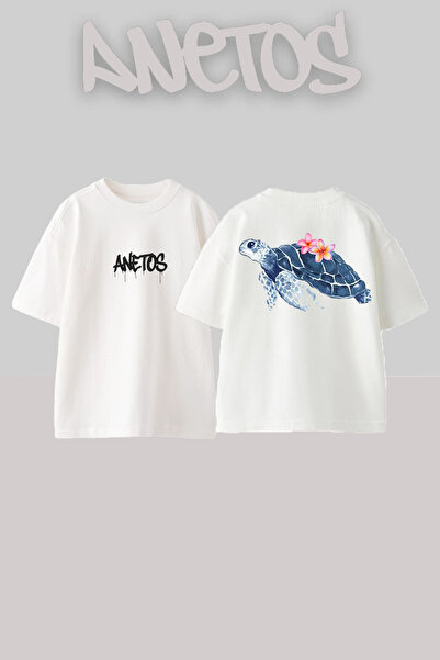 Anetos تي شيرت كاراتا كاراتا بتصميم سلحفاة مطبوع على الظهر من القطن الأبيض مقاس كبير