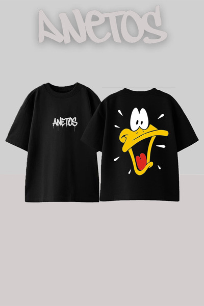 Anetos Duck 4 Design Spate cu imprimeu Bumbac Negru supradimensionat tricou