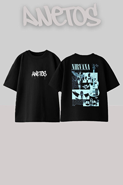 Anetos Nirvana Post 1 Design Spate cu imprimeu Bumbac Negru supradimensionat tricou