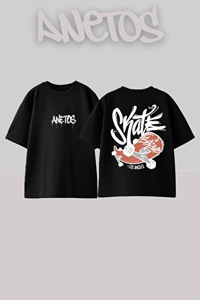Anetos Skateboard Design Spate cu imprimeu Bumbac Negru supradimensionat tricou
