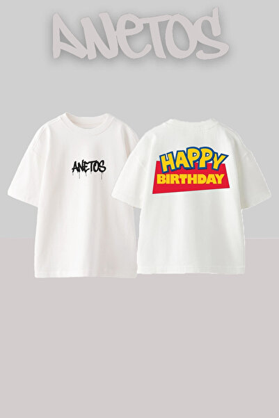 Anetos تي شيرت أبيض كبير الحجم من القطن مطبوع عليه تصميم عيد ميلاد سعيد