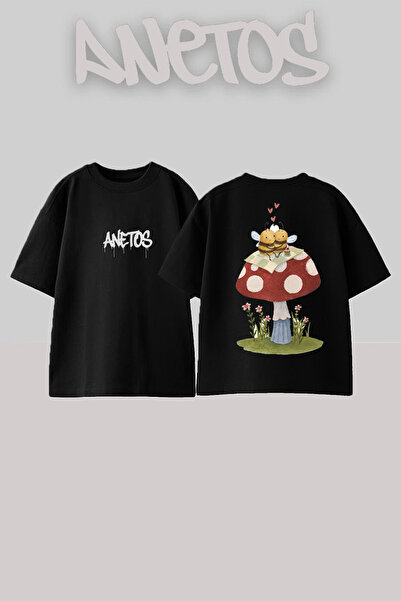 Anetos Lovers Bee Design Spate cu imprimeu Bumbac Negru supradimensionat tricou