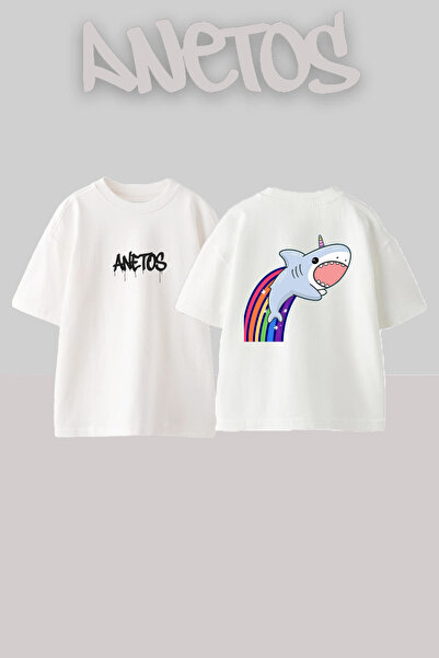 Anetos تي شيرت أبيض كبير الحجم من القطن مطبوع عليه تصميم Rainbow Dogfish