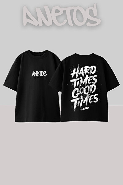 Anetos Hard Times Design Spate cu imprimeu Bumbac Negru supradimensionat tricou