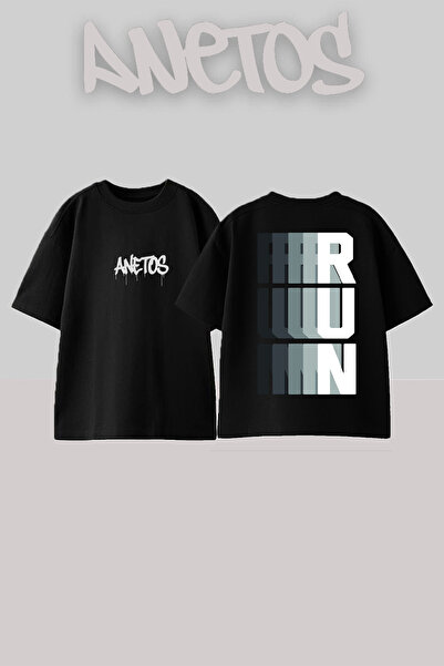 Anetos Μπλουζάκι Run Design Back με τύπωμα Cotton Black oversized