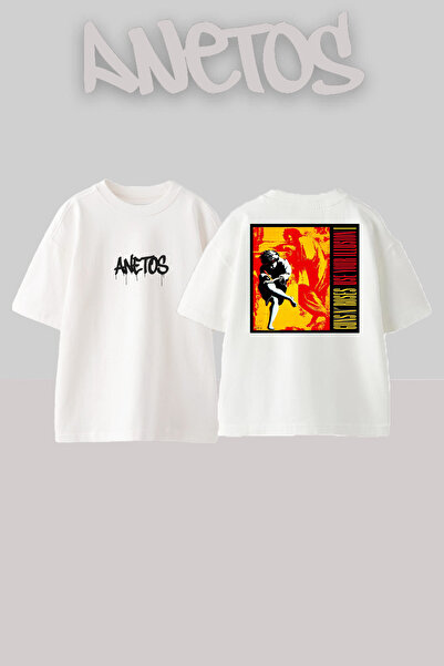 Anetos Guns N' Roses 6 Дизайн с печат на гърба Памучна бяла тениска с голям р...