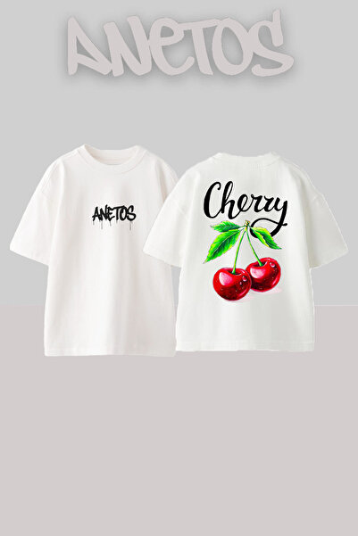 Anetos Μπλουζάκι Cherry 1 Design με στάμπα στην πλάτη, βαμβακερό λευκό oversize