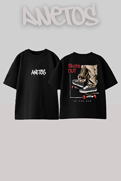 Anetos Μπλούζα Skate Out 1 Σχεδίαση με Τύπωμα στην Πλάτη Βαμβάκι Μαύρη Oversize