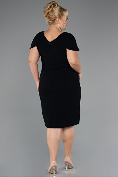 Abiyefon Siyah Kısa Kol V Yaka Midi Büyük Beden Davet Elbisesi ABK2432