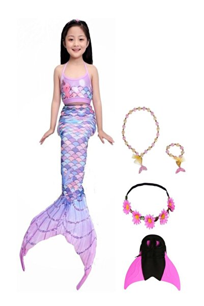 THK Set costum sirenă prințesa Ariel THK®, 7 piese, coadă de sirenă, chiloți, albastru/roz deschis, 110 cm