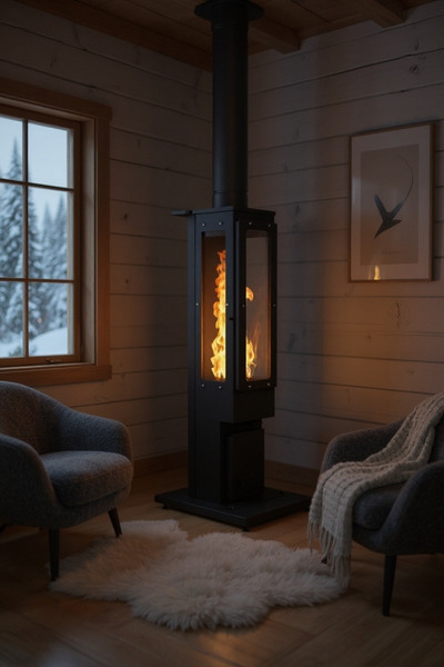 DT DEFNE TASARIM Pelet Soba İç-Dış Mekan 3 Tarafı Camlı Tekerlekli Pelet Sobası