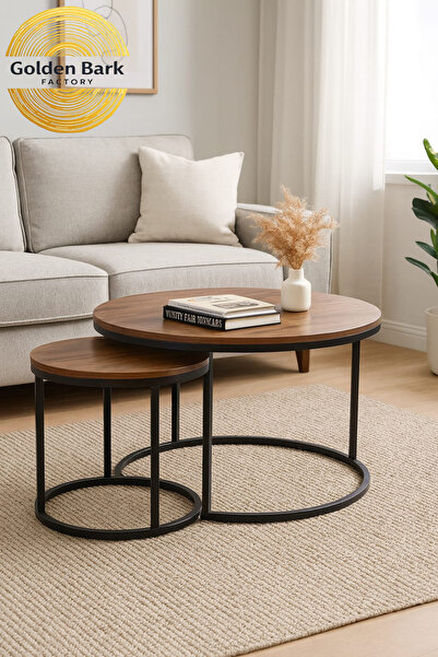 Golden Bark Double round nesting coffee table with modern design made of wood and black metal frame