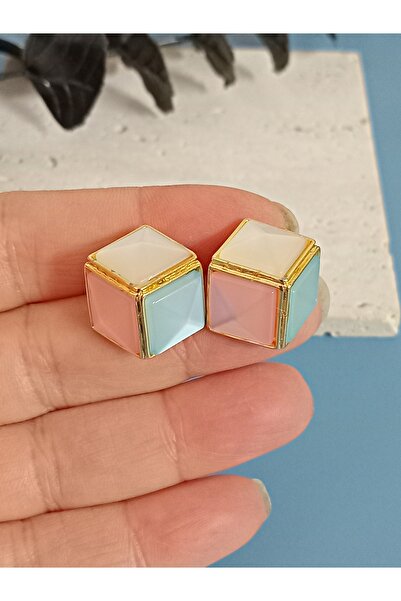 mos&more Gold White Pink Blue Cube Women's Earrings