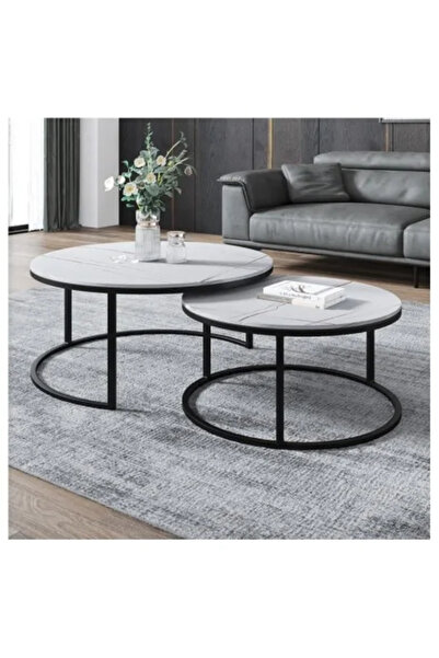 JollyMag Sada 2 konferenčních stolků, mramorový vzhled, 2 v 1, bílá, průměr 60 a 80 cm, JollyMag, STL 14