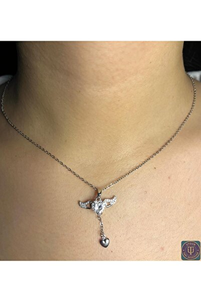 uyguntakıaksesuar Çelik Gümüş Renk Melek Kanatlı Kalp Kolye – Zarif Kadın Kolye