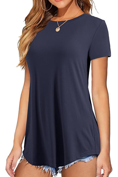 Amoretu Amureto Women's Summer Round Neck Slim Fit Short Sleeve Casual Long Blouse