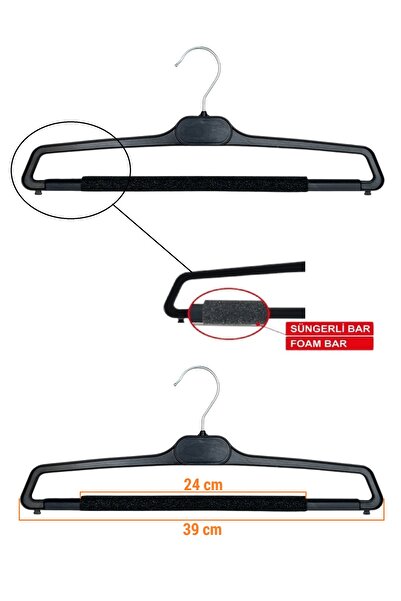 EZMK EV GEREÇLERİ Pantolon Askısı, Süngerli Pantolon Askısı Siyah, 20 Adet
