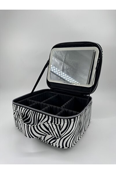 Muudaa Aynalı Ayarlanabilir Bölmeli, Taşınabilir Makeup Çantası - Zebra Desenli