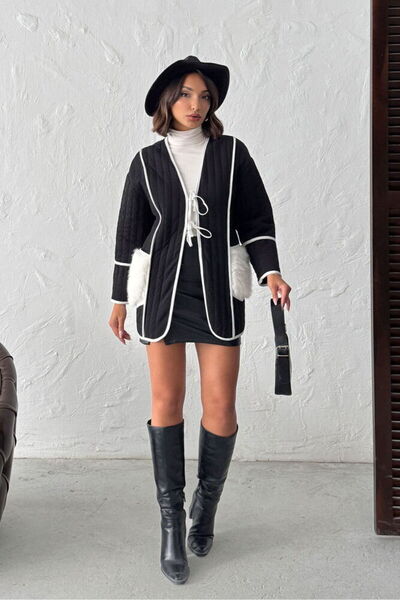 VELZANA Women's Plush Pocket Detailed Quilted Cardigan - Black