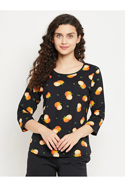 iza Orange Print Top in Black – 100% Cotton