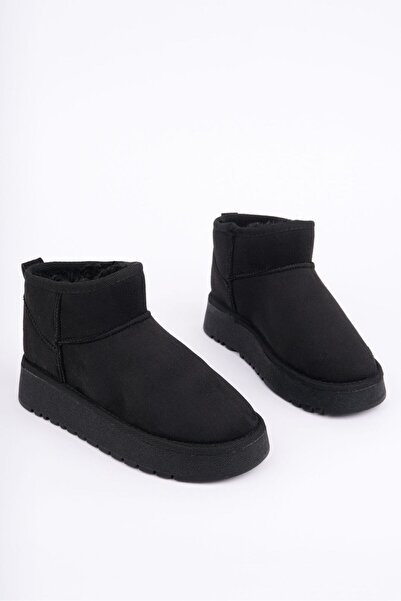 Moda Hanım Siyah Süet Içi Kürklü Yünlü Kalın Tabanlı Yüksek Topuklu Taban Kadın Bot