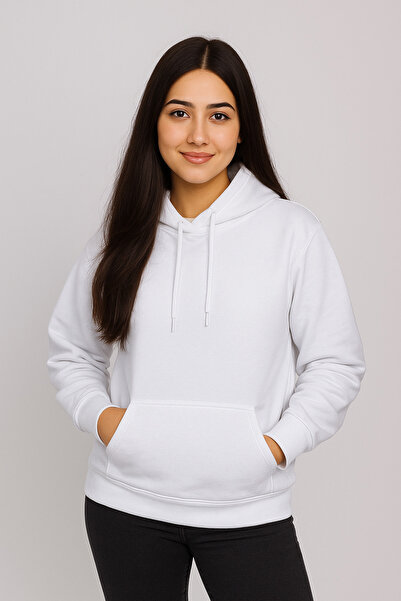 Unisex Oversize Geniş Kesim Pamuklu Yumuşak Dokulu Içi Polarlı Basic Beyaz Kapüşonlu Sweatshirt