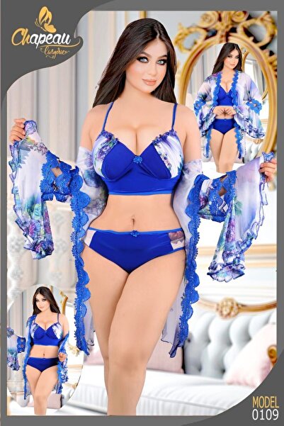 Nice Model طقم لانجري فاخر للعروس وشهر العسل، مكون من 3 قطع، رداء زهري مزين ب...