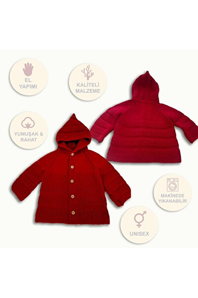 BEGİN Red Color Gift Hand Knitted Cotton Hooded Baby Cardigan 0 - 1 Years Old