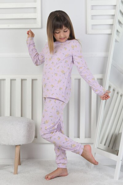 bunny hopp Kız Çocuk Lila Çiçek Desenli %100 Pamuk Fitilli Interlok Pijama Takımı 3-8 Yaş