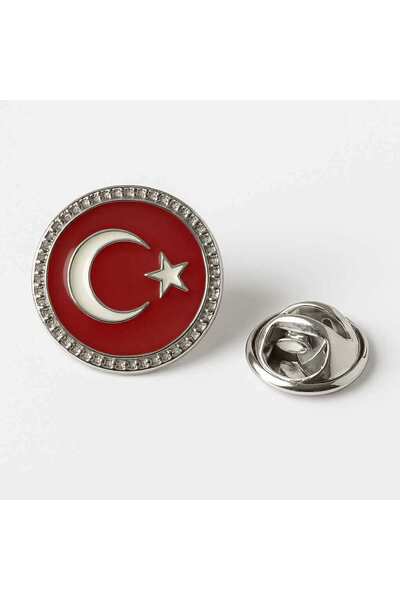 Herşey Nota Ay Yıldız Türk Bayrağı Yuvarlak gümüş Rozet 2x2 cm | Parlak Metal...