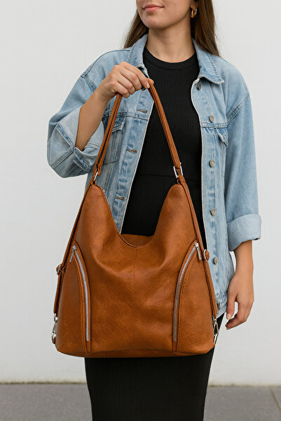 H&D COLLECTİON Soft Faux Leather Tan Women's Bag Suitable for Hand Shoulder and Back Use 34*39 cm