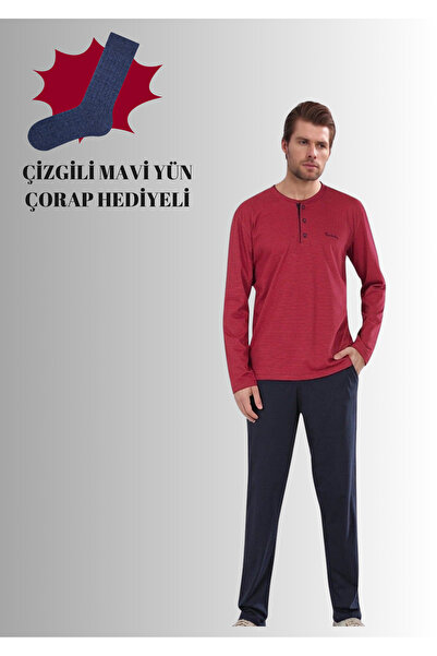 Pierre Cardin Men's Burgundy Cotton Lycra Combed Cotton Boxed Men's Striped Dowry Pajama Set Qp5K6E5K6R