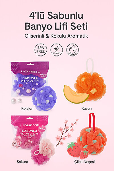 Lionesse 4’lü Sabunlu Banyo Lifi Seti Gliserinli Aromatik Lif Süngeri – Kolaj...