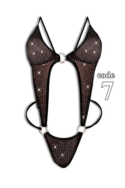 TREN Sexy Triangle Bralette Bodysuit - Black Mesh Lingerie with Cut-Outs & Metallic Hardware Detail