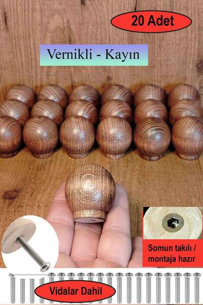 deepowls 20 Adet Cilalı Ahşap Top Kulp 37mm çapında Doğal Çekmece Dolap Mobil...