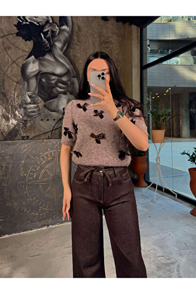 missswans Dinas İp Aksesuarlı Likrasız Geniş Paça Jean Kot Pantolo Kahve