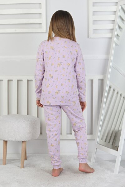bunny hopp Kız Çocuk Lila Çiçek Desenli %100 Pamuk Fitilli Interlok Pijama Takımı 3-8 Yaş