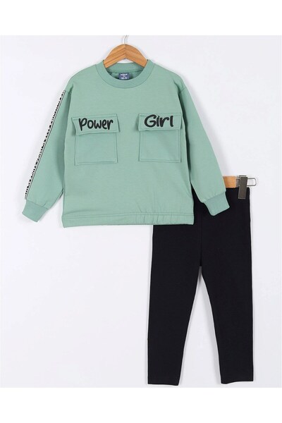 VOY KİDS Girl's Pocket Detailed Green 6-7-8-9-10 Years Old Seasonal Leggings Tracksuit Set