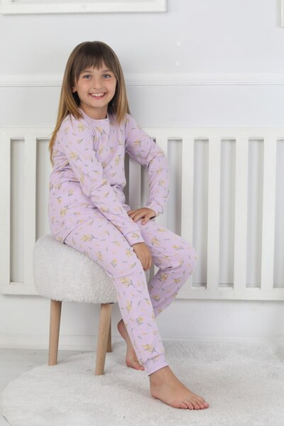 bunny hopp Kız Çocuk Lila Çiçek Desenli %100 Pamuk Fitilli Interlok Pijama Takımı 3-8 Yaş