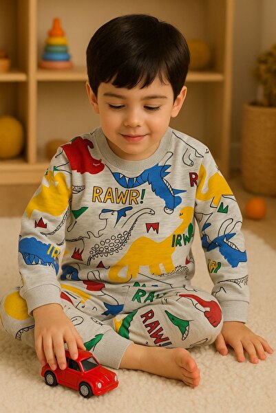 Arya Nisa Kids Boys' Gray Color Dinosaur Printed 100% Cotton Seasonal Pajama Set