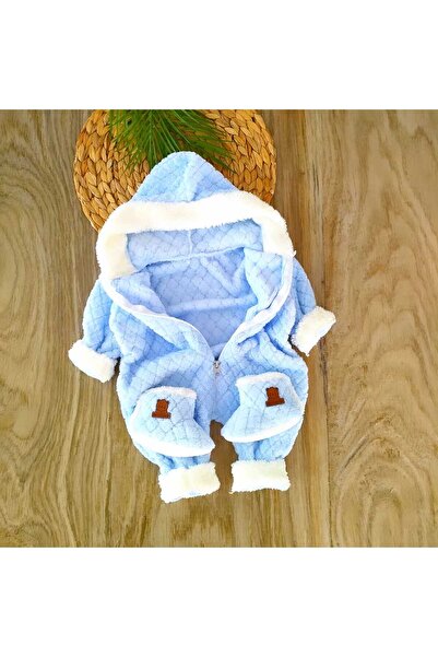 bebe kervanı Erkek Bebek %100 Pamuklu Kışlık Mavi Peluş Tulum Patik Hediyeli BBK4369