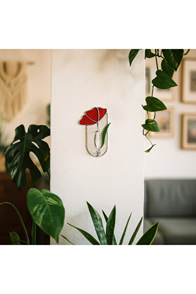 Elordie Design El Yapımı Kırmızı Çiçekli Vitray Duvar Dekorasyonu, Bitki Köklendirme Tüpü