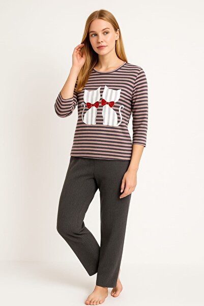 enmodaiçgiyim Set de pijamale pentru femei cu dungi roz-gri – mâneci lungi, potrivire confortabilă, țesătură moale, elastică