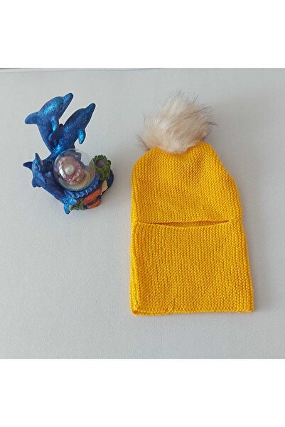 BEGİN Yellow Color Gift Hand Knitted Baby Beanie with Pompom Neck Collar 0 - 1 Years Old
