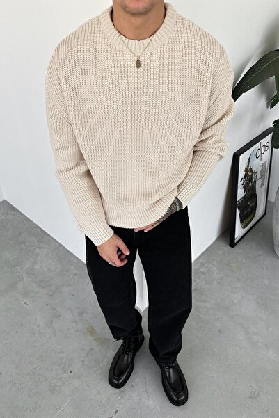 HAFKAGİYİM Krem Örme Desen Oversize Triko Kazak