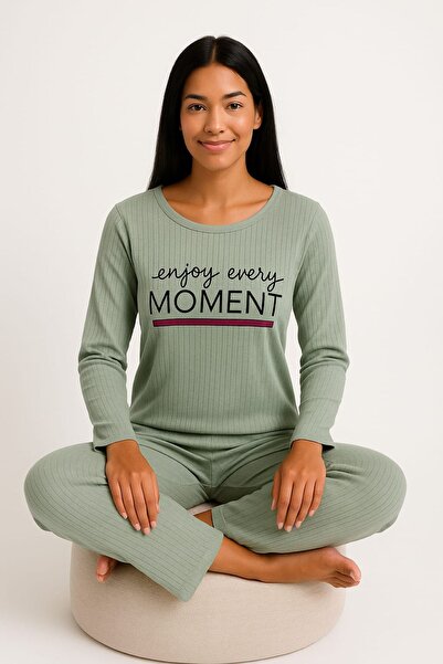 enmodaiçgiyim Mint Green Striped Women's Pajama Set – Long Sleeve, Comfortable Fit, Soft Fabric, Stretchy