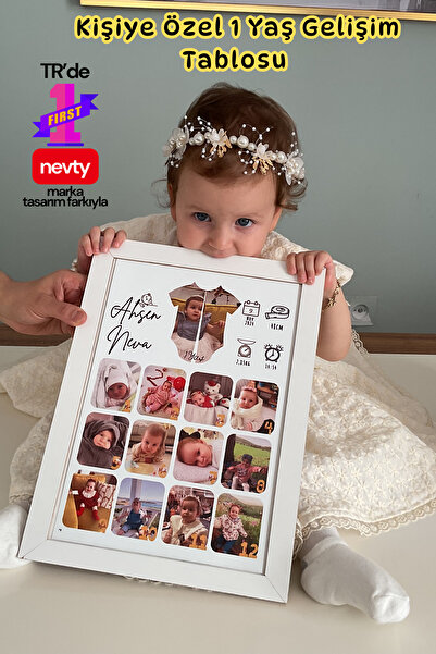 nevty a new world Kişiye Özel 1 Yaş Gelişim Tablosu – 13 Fotoğraflı Bebek Poster – Kağıt / Metal / Çerçeveli Seçenekli
